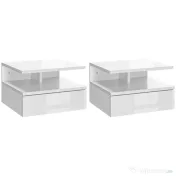 HOMCOM Set de 2 Noptiere Moderne Suspendate cu Sertar și Raft din Lemn 35x32x22,5cm, Alb Lucios 