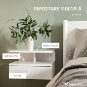 HOMCOM Set de 2 Noptiere Moderne Suspendate cu Sertar și Raft din Lemn 35x32x22,5cm, Alb Lucios 