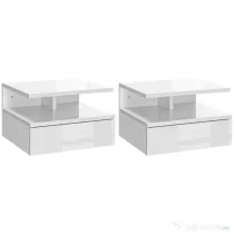 HOMCOM Set de 2 Noptiere Suspendate cu Raft Superior, Design Modern, Lemn, Alb Lucios, 35x32x22.5cm | Aosom Romania