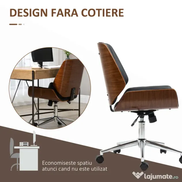 Vinsetto Scaun de birou Vintage, căptușit, din piele ecologică, lemn și oțel, 53x60x86-96 cm, negru și maro închis | Aosom Romania