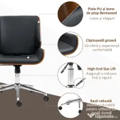 Vinsetto Scaun de Birou Vintage Tapițat, din Piele Ecologică, Lemn și Oțel, 53x60x86-96 cm, Negru și Maro Închis 