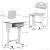 HOMCOM Birou școlar cu scaun reglabil și lampă pentru copii 6-12 ani, oțel și MDF, gri