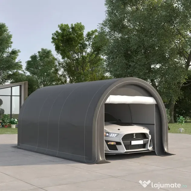 Outsunny Șopron Auto, Cort de Depozitare Portabil de Mare Capacitate cu Ușă, Copertina PE Anti-UV pentru Mașină, Barcă, Motocicletă, 3x5 m, Gri