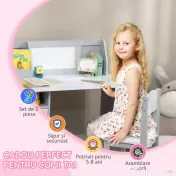 HOMCOM Set Masă și Scaune pentru Copii 5-8 Ani cu Spațiu de Depozitare, Tablă și Scaun, 90x45x85 cm, Roz 