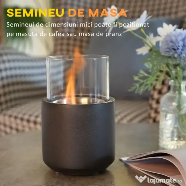 Homcom semineu Masa – Mini Bol Foc Beton cu Etanol, Gri