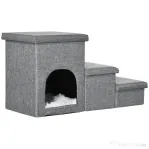 PawHut Scari de pat pentru caini, Scari pentru animale de companie cu 3 trepte, cu casuta pentru pisici si 2 cutii de depozitare, Rampa 3 in  1 pentru caini cu perna din plus lavabila, gri deschis