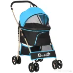 PawHut Cărucior pentru Câini Pliabil și Convertibil în Geantă de Transport cu 2 Lese și Pernă, 82x49.5x98 cm, Albastru