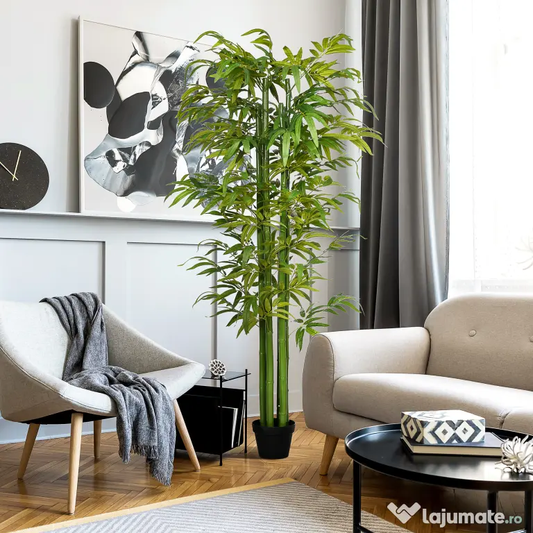 HOMCOM Plantă Artificială de Bambus, 180 cm, Realistă, cu Ghiveci Decorativ pentru Living și Dormitor, Verde