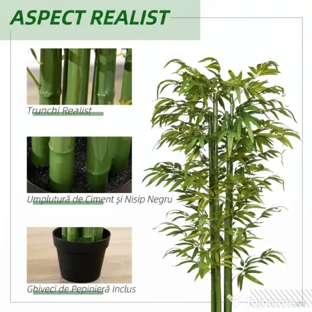 HOMCOM Plantă Artificială de Bambus, 180 cm, Realistă, cu Ghiveci Decorativ pentru Living și Dormitor, Verde