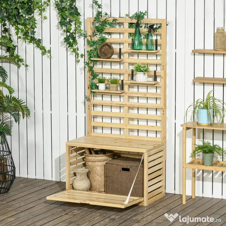 Outsunny Bancă de Depozitare pentru Grădină din Lemn de Brad cu Spalier Integrat și 4 Rafturi, Bancă de Depozitare Exterior Impermeabilă cu Închidere Magnetică, 80x45x160 cm, Culoare Lemn