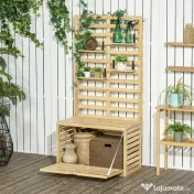 Outsunny Bancă de Depozitare pentru Grădină din Lemn de Brad cu Spalier Integrat și 4 Rafturi, Bancă de Depozitare Exterior Impermeabilă cu Închidere Magnetică, 80x45x160 cm, Culoare Lemn 