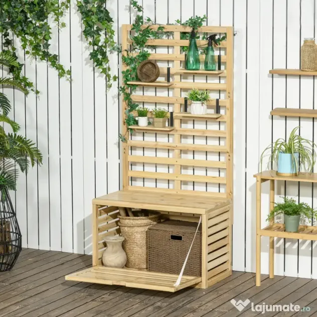 Outsunny Bancă de Depozitare pentru Grădină din Lemn de Brad cu Spalier Integrat și 4 Rafturi, Bancă de Depozitare Exterior Impermeabilă cu Închidere Magnetică, 80x45x160 cm, Culoare Lemn