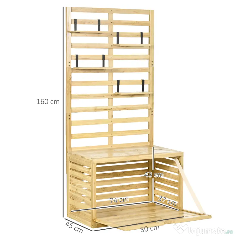 Outsunny Bancă de Depozitare pentru Grădină din Lemn de Brad cu Spalier Integrat și 4 Rafturi, Bancă de Depozitare Exterior Impermeabilă cu Închidere Magnetică, 80x45x160 cm, Culoare Lemn