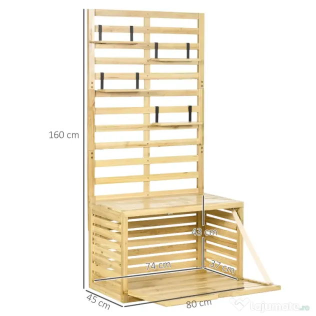 Outsunny Bancă de Depozitare pentru Grădină din Lemn de Brad cu Spalier Integrat și 4 Rafturi, Bancă de Depozitare Exterior Impermeabilă cu Închidere Magnetică, 80x45x160 cm, Culoare Lemn