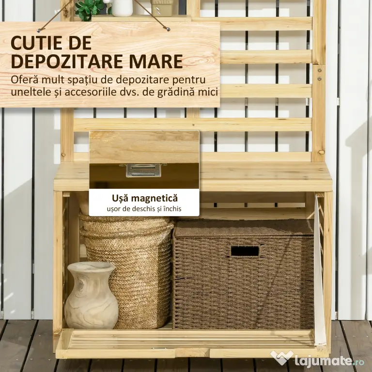 Outsunny Bancă de Depozitare pentru Grădină din Lemn de Brad cu Spalier Integrat și 4 Rafturi, Bancă de Depozitare Exterior Impermeabilă cu Închidere Magnetică, 80x45x160 cm, Culoare Lemn