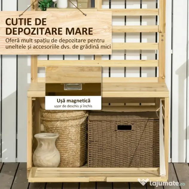 Outsunny Bancă de Depozitare pentru Grădină din Lemn de Brad cu Spalier Integrat și 4 Rafturi, Bancă de Depozitare Exterior Impermeabilă cu Închidere Magnetică, 80x45x160 cm, Culoare Lemn
