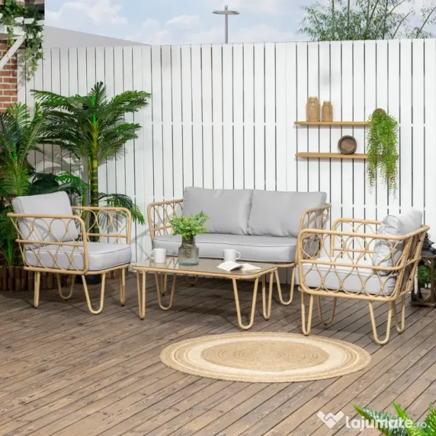 Set canapea din ratan PE din 4 piese Outsunny, cu impletitura rotunda | Aosom Romania