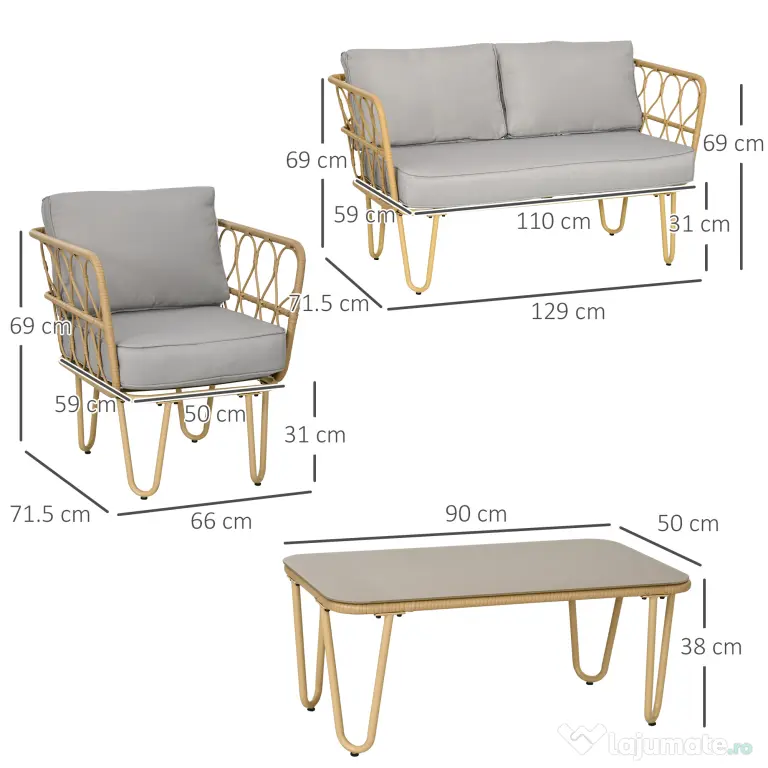 Set canapea din ratan PE din 4 piese Outsunny, cu impletitura rotunda | Aosom Romania