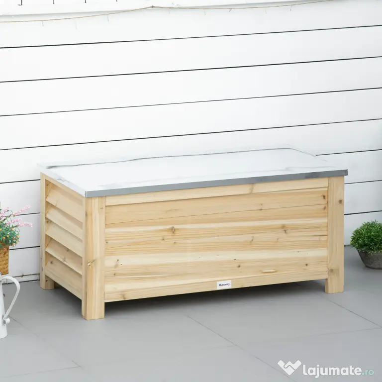 Outsunny Ladă de Exterior de 155L din Lemn cu Capac din Metal și 2 Amortizoare, 110x50x50 cm, culoare Lemn