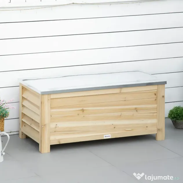 Outsunny Ladă de Exterior de 155L din Lemn cu Capac din Metal și 2 Amortizoare, 110x50x50 cm, culoare Lemn