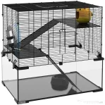 PawHut Cușcă pentru Hamsteri cu 3 Niveluri, Roată, Rampe și Bază Detașabilă, 60x40x57cm, Negru