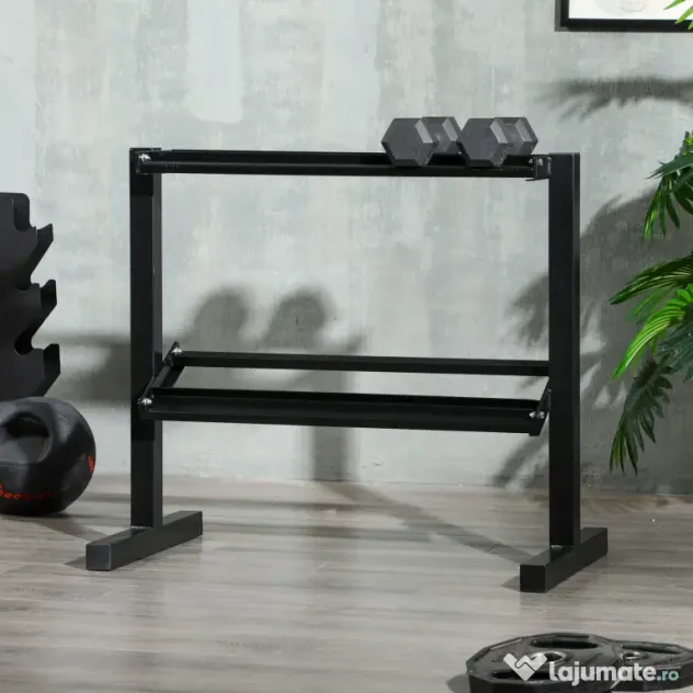 SPORTNOW Suport pentru Gantere pe 2 Niveluri, Organizator Stabil de Depozitare a Greutăților, 94x52.5x82cm, Negru | Aosom Romania