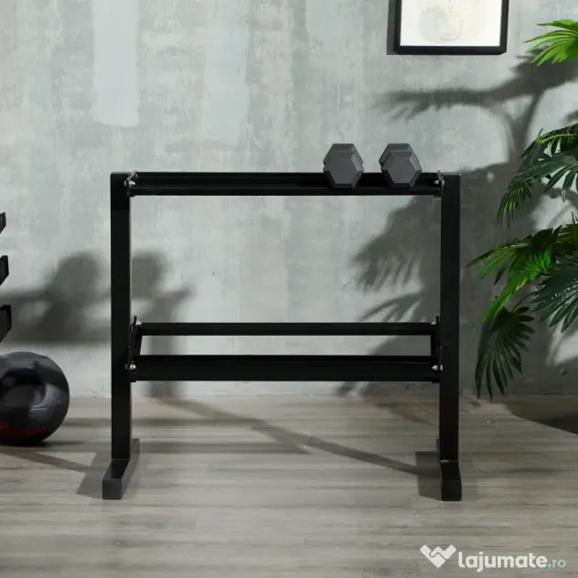 SPORTNOW Suport pentru Gantere pe 2 Niveluri, Organizator Stabil de Depozitare a Greutăților, 94x52.5x82cm, Negru | Aosom Romania