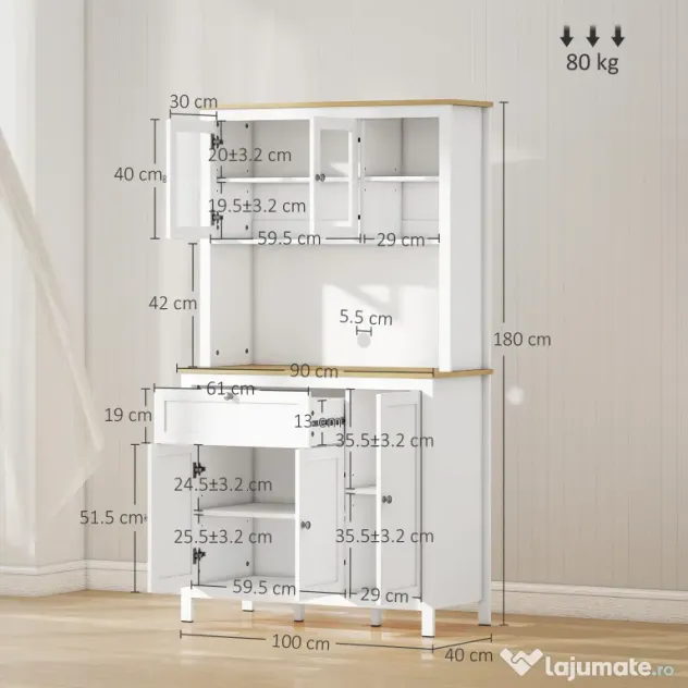 HOMCOM Bufet de Bucătărie cu Sertare, Rafturi Deschise și Rafturi Reglabile din Lemn MDF, 100x40x180 cm, Alb | Aosom Romania