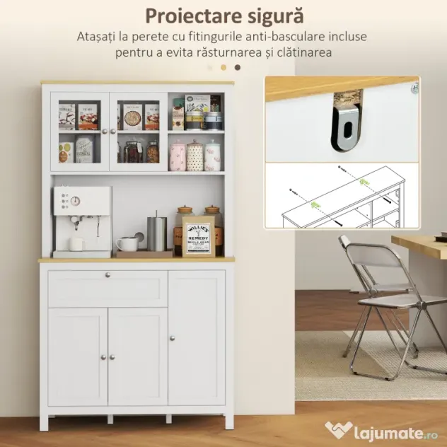 HOMCOM Bufet de Bucătărie cu Sertare, Rafturi Deschise și Rafturi Reglabile din Lemn MDF, 100x40x180 cm, Alb | Aosom Romania