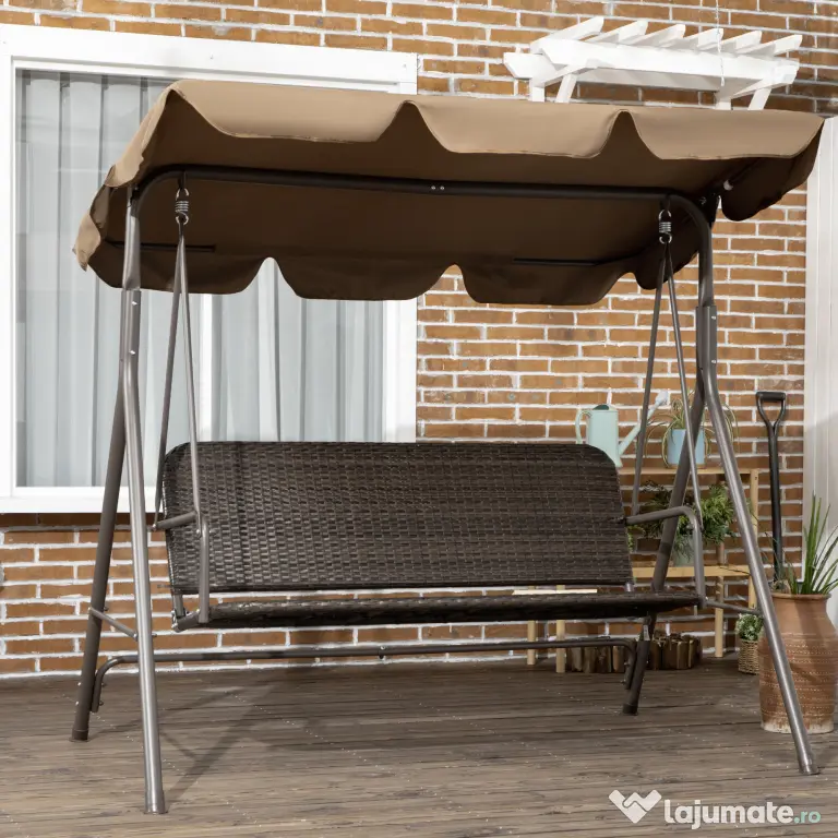 Outsunny Balansoar de gradina cu 3 locuri si acoperis reglabil, balansoar din ratan PE si otel, 167x112x153cm, maro | Aosom Romania