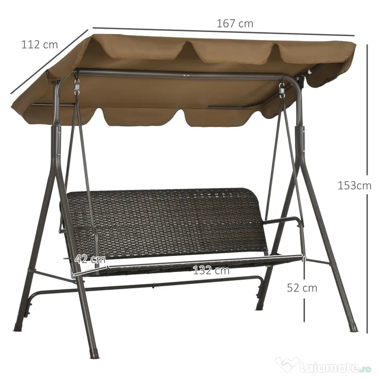 Outsunny Balansoar de gradina cu 3 locuri si acoperis reglabil, balansoar din ratan PE si otel, 167x112x153cm, maro | Aosom Romania