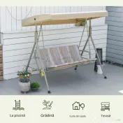 Outsunny Leagan de gradina cu 3 locuri cu structura din otel si baldachin reglabil, perne si cotiere captusite | Aosom Romania 