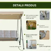 Outsunny Leagan de gradina cu 3 locuri cu structura din otel si baldachin reglabil, perne si cotiere captusite | Aosom Romania 