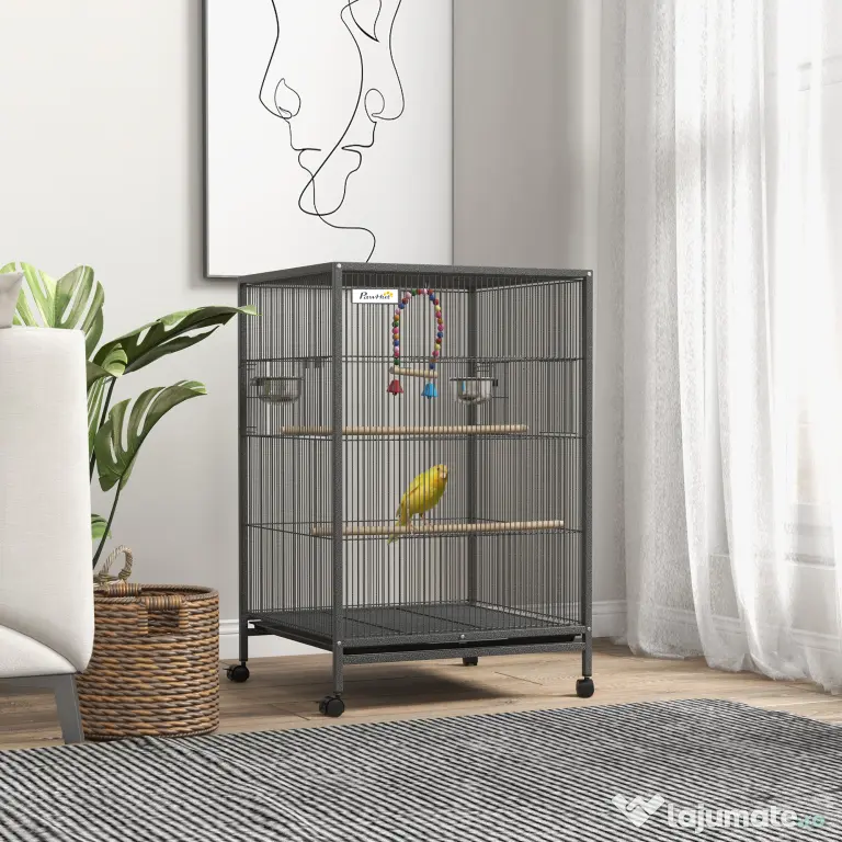 PawHut Colivie pentru Păsări cu Suport Rulant, Colivie cu Leagăn, Tavă Detașabilă, și Boluri din Oțel Inoxidabil, 48x46x74 cm, Gri | Aosom Romania