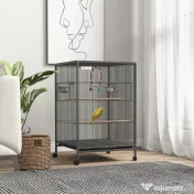PawHut Colivie pentru Păsări cu Suport Rulant, Colivie cu Leagăn, Tavă Detașabilă, și Boluri din Oțel Inoxidabil, 48x46x74 cm, Gri | Aosom Romania 