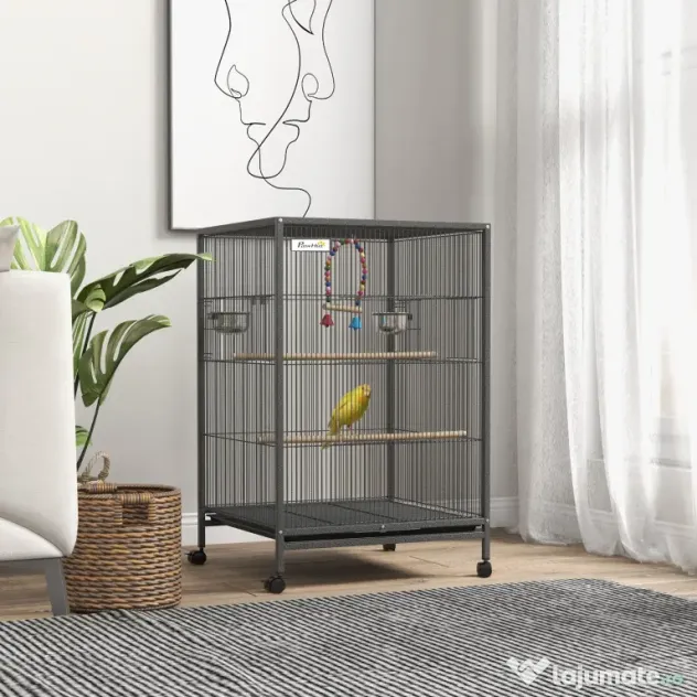 PawHut Colivie pentru Păsări cu Suport Rulant, Colivie cu Leagăn, Tavă Detașabilă, și Boluri din Oțel Inoxidabil, 48x46x74 cm, Gri | Aosom Romania