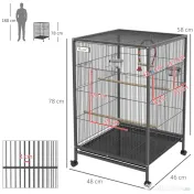 PawHut Colivie pentru Păsări cu Suport Rulant, Colivie cu Leagăn, Tavă Detașabilă, și Boluri din Oțel Inoxidabil, 48x46x74 cm, Gri | Aosom Romania 