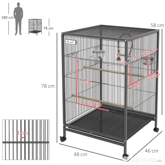PawHut Colivie pentru Păsări cu Suport Rulant, Colivie cu Leagăn, Tavă Detașabilă, și Boluri din Oțel Inoxidabil, 48x46x74 cm, Gri | Aosom Romania
