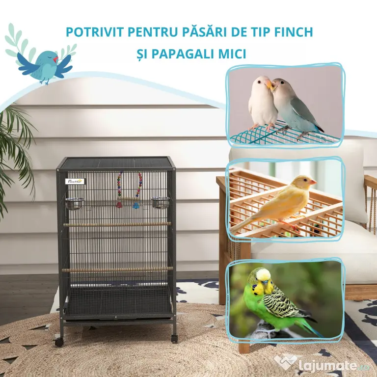 PawHut Colivie pentru Păsări cu Suport Rulant, Colivie cu Leagăn, Tavă Detașabilă, și Boluri din Oțel Inoxidabil, 48x46x74 cm, Gri | Aosom Romania