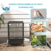 PawHut Colivie pentru Păsări cu Suport Rulant, Colivie cu Leagăn, Tavă Detașabilă, și Boluri din Oțel Inoxidabil, 48x46x74 cm, Gri | Aosom Romania 