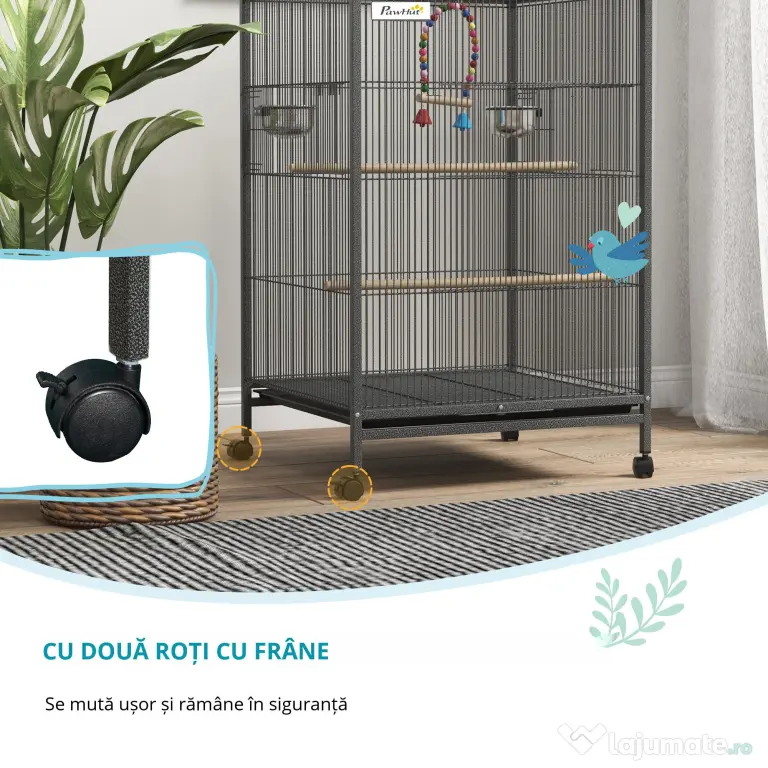 PawHut Colivie pentru Păsări cu Suport Rulant, Colivie cu Leagăn, Tavă Detașabilă, și Boluri din Oțel Inoxidabil, 48x46x74 cm, Gri | Aosom Romania