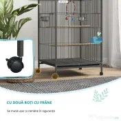 PawHut Colivie pentru Păsări cu Suport Rulant, Colivie cu Leagăn, Tavă Detașabilă, și Boluri din Oțel Inoxidabil, 48x46x74 cm, Gri | Aosom Romania 