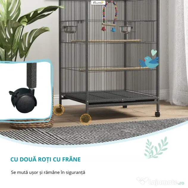 PawHut Colivie pentru Păsări cu Suport Rulant, Colivie cu Leagăn, Tavă Detașabilă, și Boluri din Oțel Inoxidabil, 48x46x74 cm, Gri | Aosom Romania