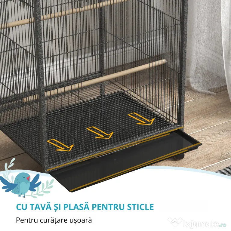 PawHut Colivie pentru Păsări cu Suport Rulant, Colivie cu Leagăn, Tavă Detașabilă, și Boluri din Oțel Inoxidabil, 48x46x74 cm, Gri | Aosom Romania