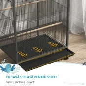 PawHut Colivie pentru Păsări cu Suport Rulant, Colivie cu Leagăn, Tavă Detașabilă, și Boluri din Oțel Inoxidabil, 48x46x74 cm, Gri | Aosom Romania 