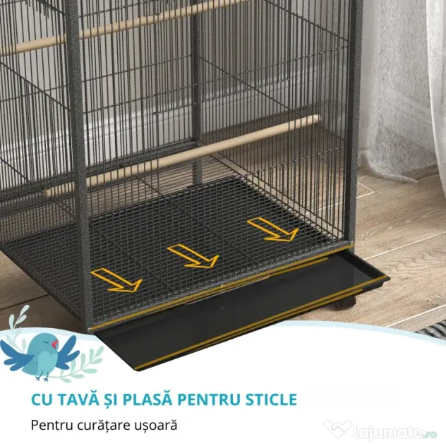PawHut Colivie pentru Păsări cu Suport Rulant, Colivie cu Leagăn, Tavă Detașabilă, și Boluri din Oțel Inoxidabil, 48x46x74 cm, Gri | Aosom Romania