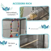 PawHut Colivie pentru Păsări cu Suport Rulant, Colivie cu Leagăn, Tavă Detașabilă, și Boluri din Oțel Inoxidabil, 48x46x74 cm, Gri | Aosom Romania 