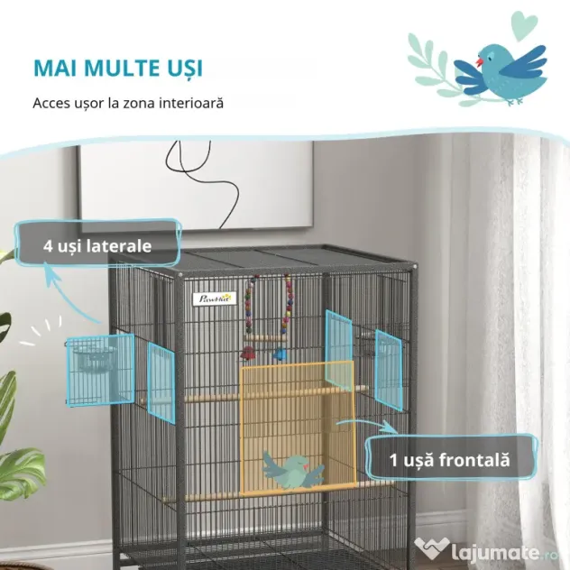 PawHut Colivie pentru Păsări cu Suport Rulant, Colivie cu Leagăn, Tavă Detașabilă, și Boluri din Oțel Inoxidabil, 48x46x74 cm, Gri | Aosom Romania