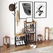 Cuier pentru Haine de Podea cu 6 Carlige HOMCOM, PAL si Otel cu Dulap de Pantofi cu Rafturi, 92.5x28.2x182cm, Maro | Aosom Romania 