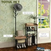 Cuier pentru Haine de Podea cu 6 Carlige HOMCOM, PAL si Otel cu Dulap de Pantofi cu Rafturi, 92.5x28.2x182cm, Maro | Aosom Romania 